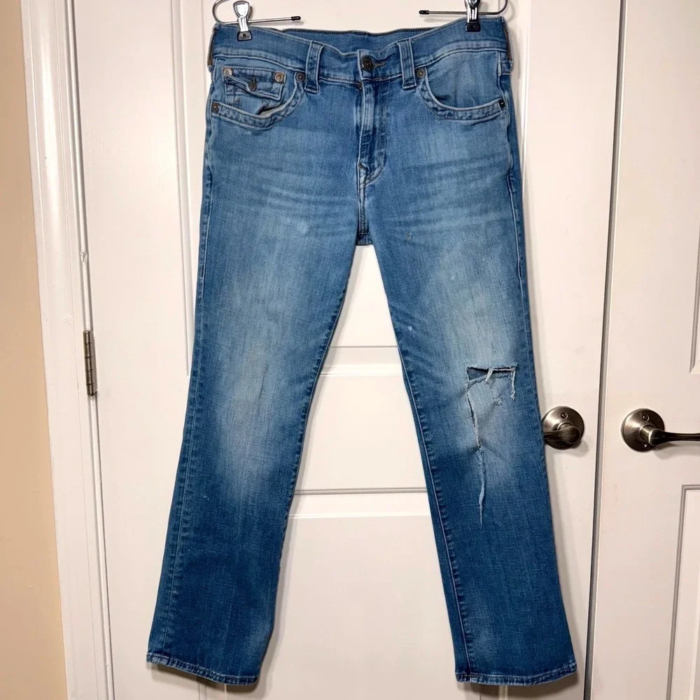 True Religion Ricky Relaxed Straight Leg Jeans Distressed Blue Denim Size 33